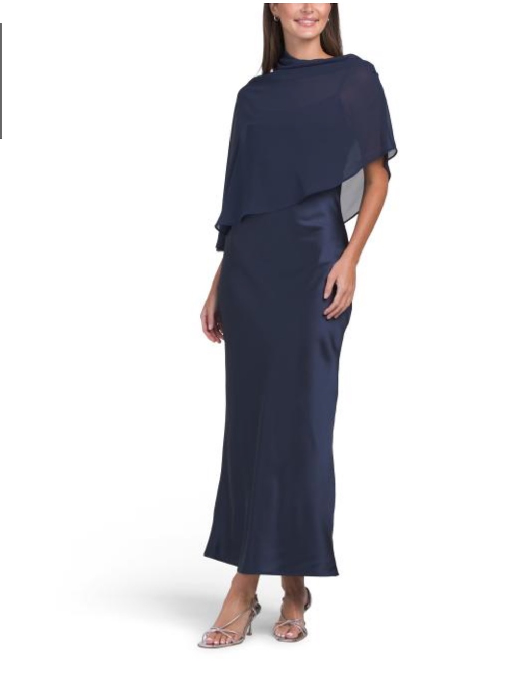 NWT Thirty Thirty Elegant Navy Satin Maxi Dress with Cape Overlay - S